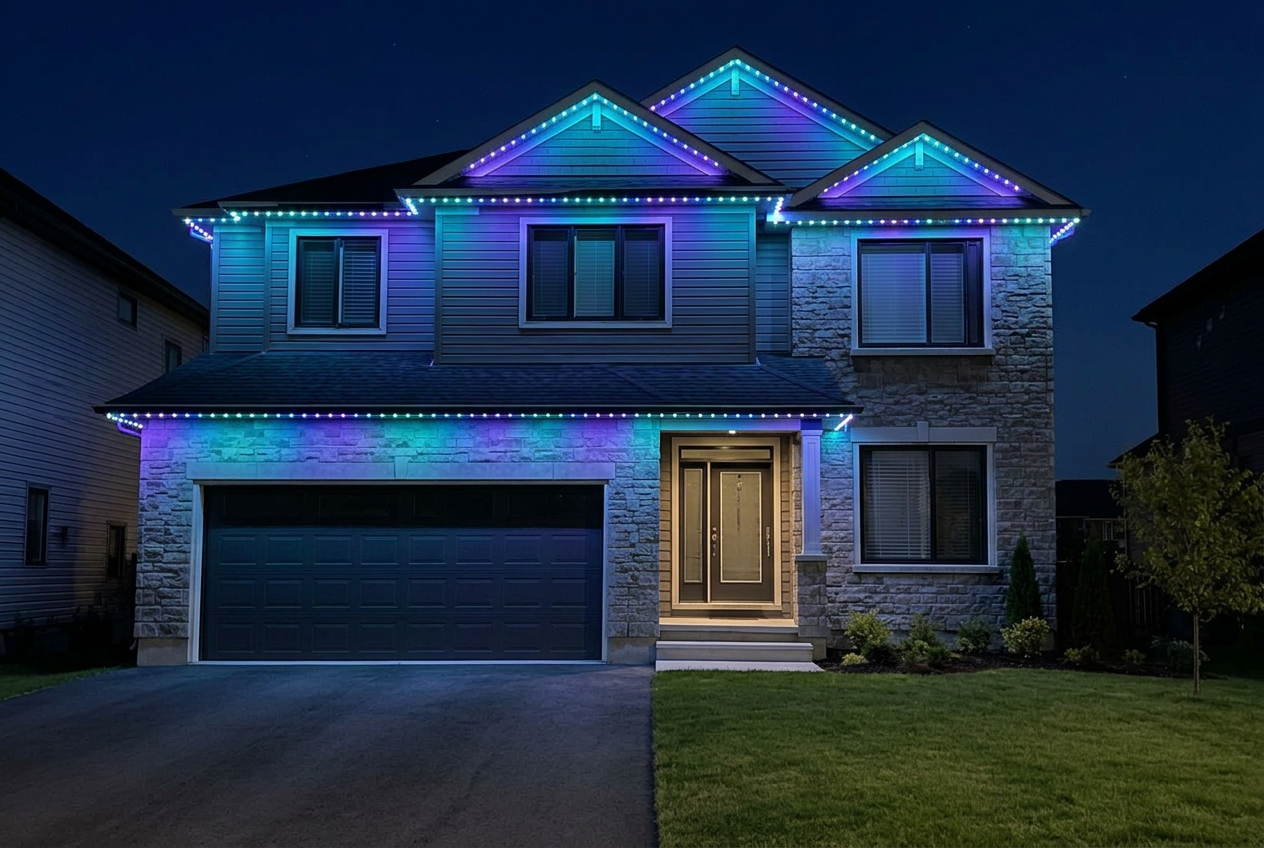 The same Ottawa home at night with game day permanent track lighting