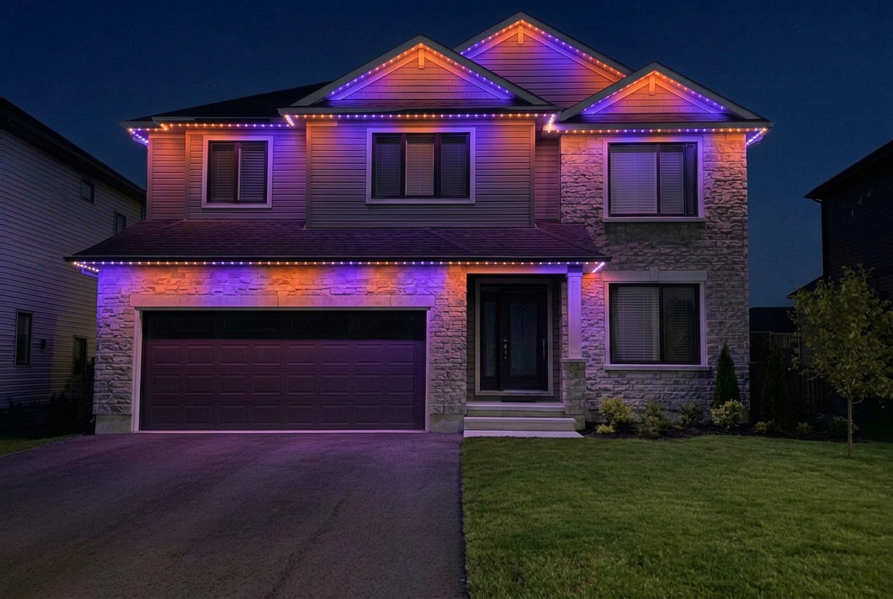 The same Ottawa home at night with halloween permanent track lighting