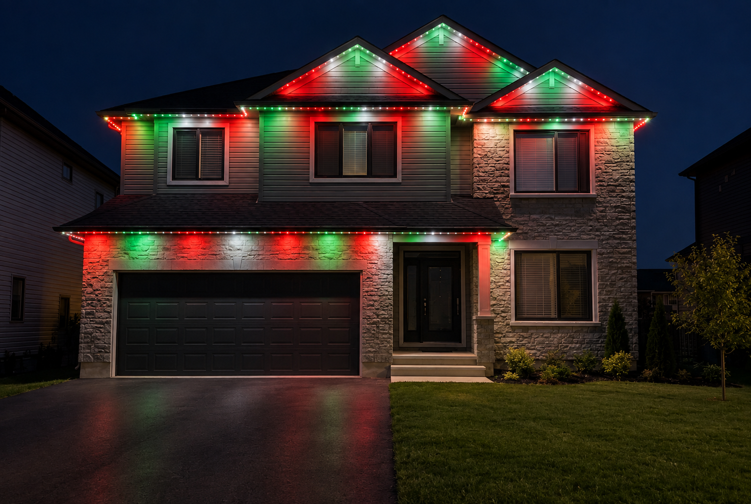 The same Ottawa home at night with christmas permanent track lighting