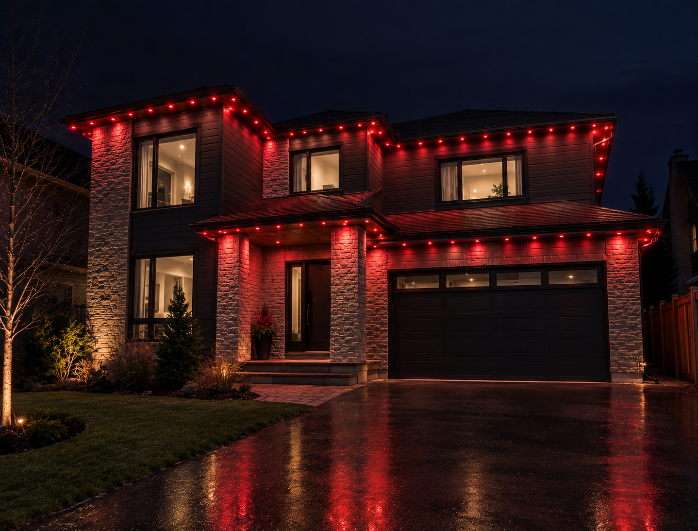 Ottawa home at night with permanent red track lighting along the rooflines and eaves