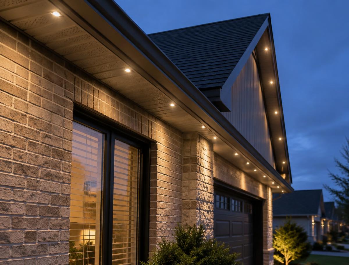 Close view of discreet permanent lighting integrated into a residential soffit