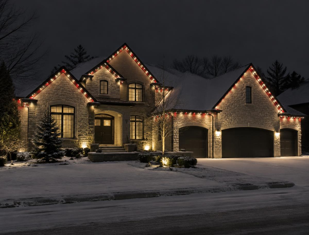 Ottawa home in winter with permanent red and warm white roofline lighting