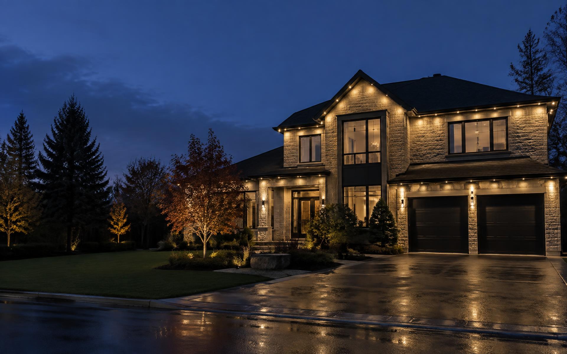 Luxury Ottawa home at night with permanent architectural LED lighting along the rooflines